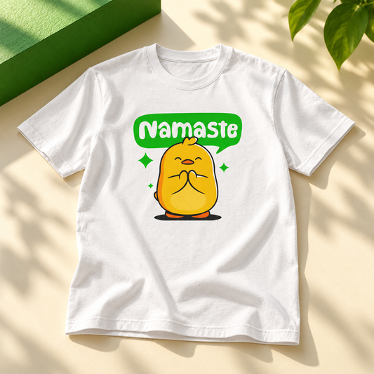 Ente namaste in sunlight with green scenery