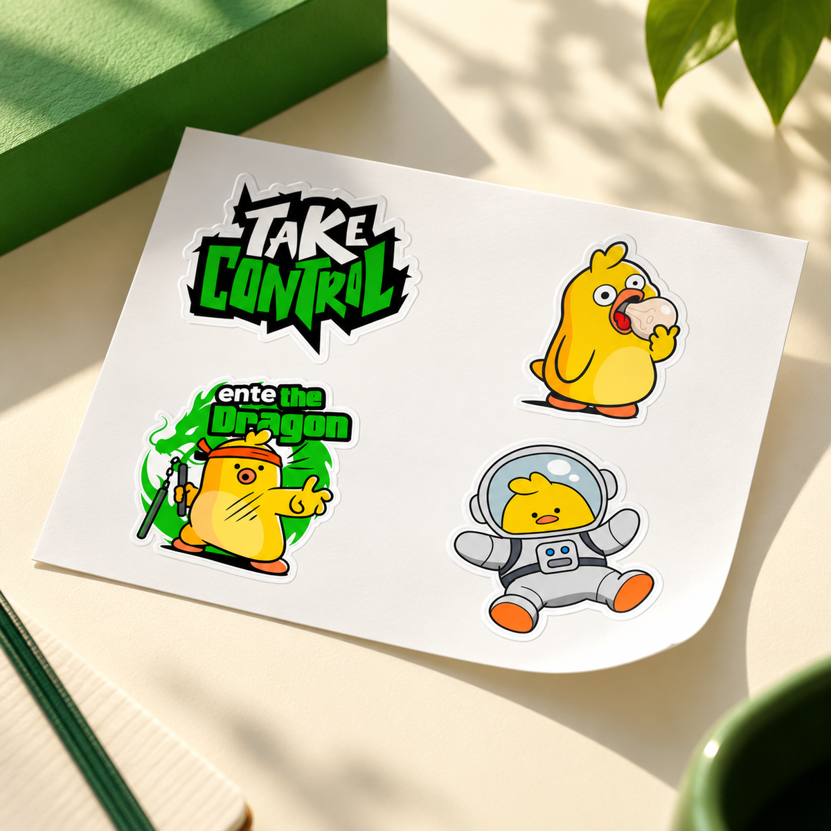 Ente sticker pack in sunlight with green scenery