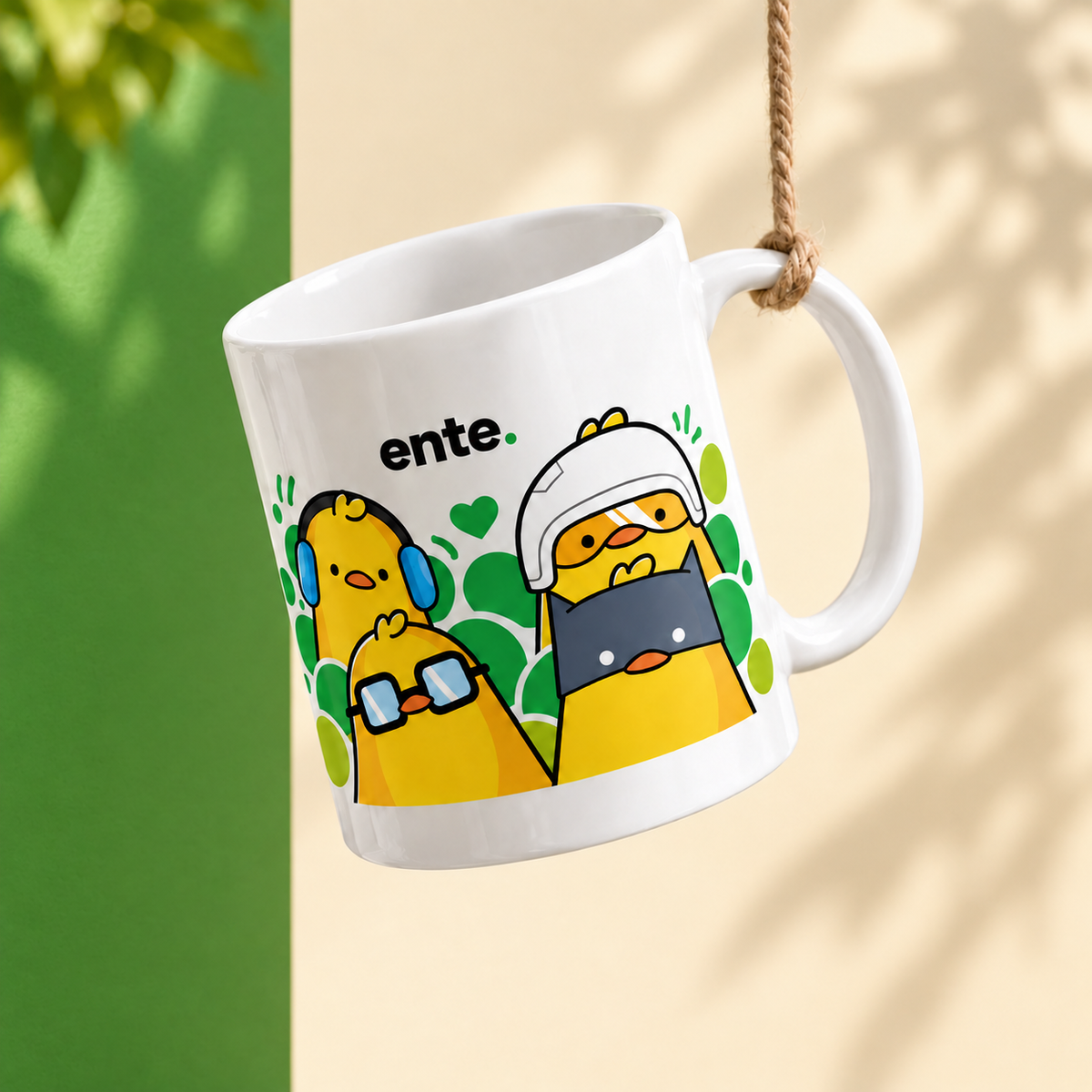 Ente Duckies Mug hanging at an angle against a cream and green background