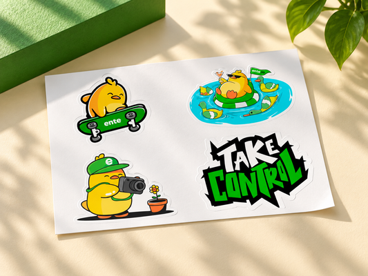 Ente Fam Sticker Sheet Pack 2, white finish, on cream and green campaign background
